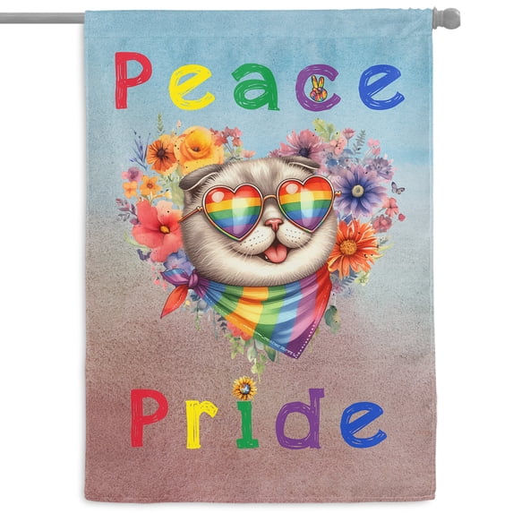 Peace Love Pride Scottish Fold with Rainbow Sunglasses LGBT LGBTQ+ House Flag 28x40in Double Sided Cat Lover Kitten Owner Gifts Outdoor Decor - 01004