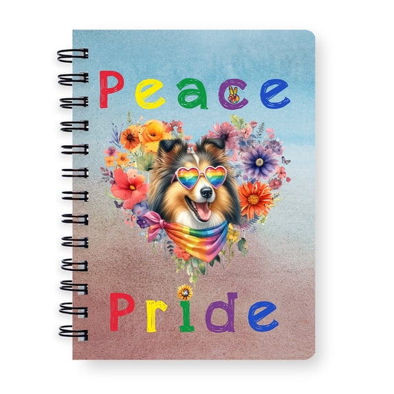 Peace Love Pride Shetland Sheepdog with Rainbow Sunglasses LGBT LGBTQ+ Spiral Bound Journal Sheltie Dog Lover Gifts 5x7in Spiral Notebook - 01004