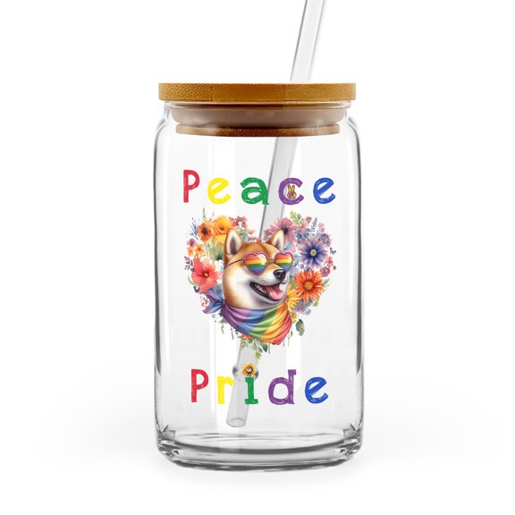 Peace Love Pride Shiba Inu with Rainbow Sunglasses LGBT LGBTQ+ 16oz Glass Cup Mug Shibas Dog Lovers Gifts Idea Glass Can with Bamboo Lid and Straw - 01004