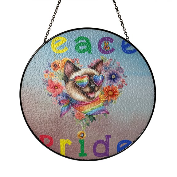 Peace Love Pride Siamese with Rainbow Sunglasses LGBT LGBTQ+ Stained Glass Suncatcher Cat Lover Kitten Owner Gifts Window Hanging Sign Decor - 01004