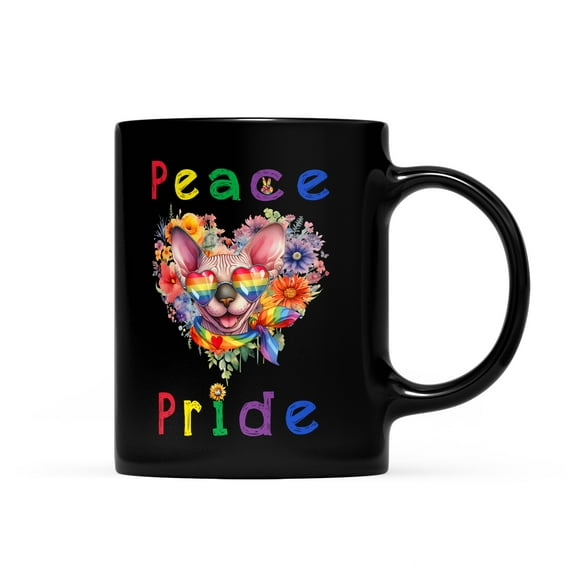 Peace Love Pride Sphynx with Rainbow Sunglasses LGBT LGBTQ+ Mug Cat Lover Kitten Owner Gifts Idea Coffee Tea Cup - 01004