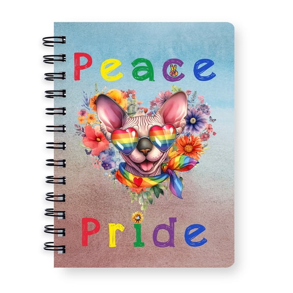 Peace Love Pride Sphynx with Rainbow Sunglasses LGBT LGBTQ+ Spiral Bound Journal Cat Lover Kitten Owner Gifts Idea 5x7in Spiral Notebook - 01004