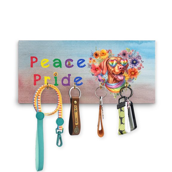 Peace Love Pride Vizsla with Rainbow Sunglasses LGBT LGBTQ+ Wood Key Holder Vizslas Dog Lover Gifts Idea Wall-mounted Key Rack Home Decor - 01004