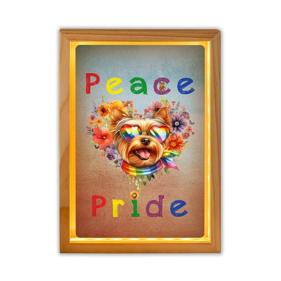 Peace Love Pride Yorkshire Terrier with Rainbow Sunglasses LGBT LGBTQ+ Acrylic Plaque with Wood Photo Frame Box Yorkie Dog Lover Gifts Light Box - 01004