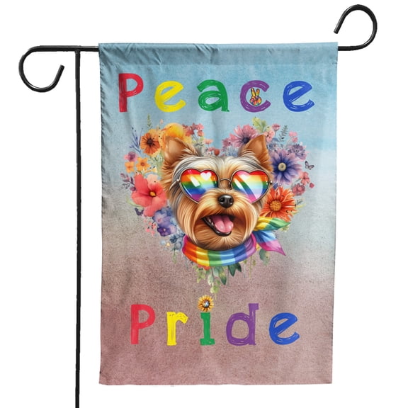 Peace Love Pride Yorkshire Terrier with Rainbow Sunglasses LGBT LGBTQ+ Garden Flag 12x18in Double Sided Yorkie Dog Lover Gifts Outdoor Decor - 01004