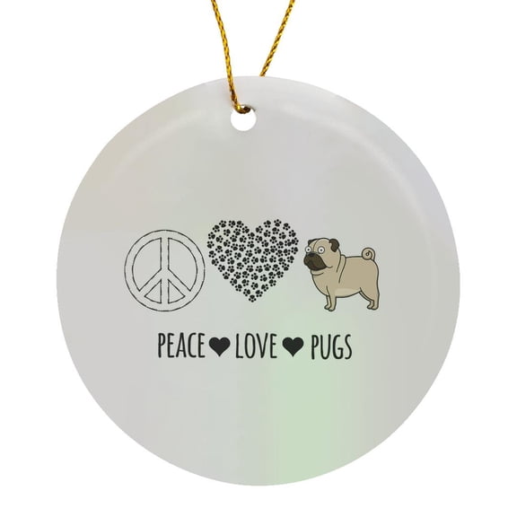 3drose, Peace Love Pugs with Peace Sign, Paw Heart, and Pug Clip Art., Circle Porcelain Ornament