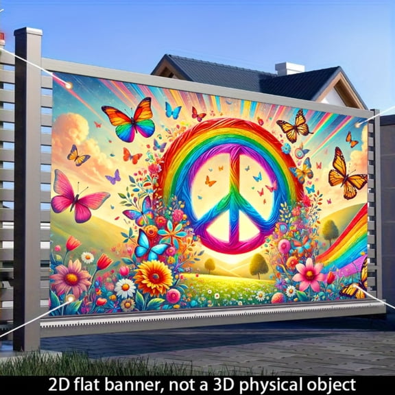 [Peace and Love Rainbow Decoration] Rainbow Peace Logo Butterfly Flower Decoration - 1 2D flat polyester banner background cloth, 70.8x43.3 inches, suitable for indoor and outdoor peace-themed activi