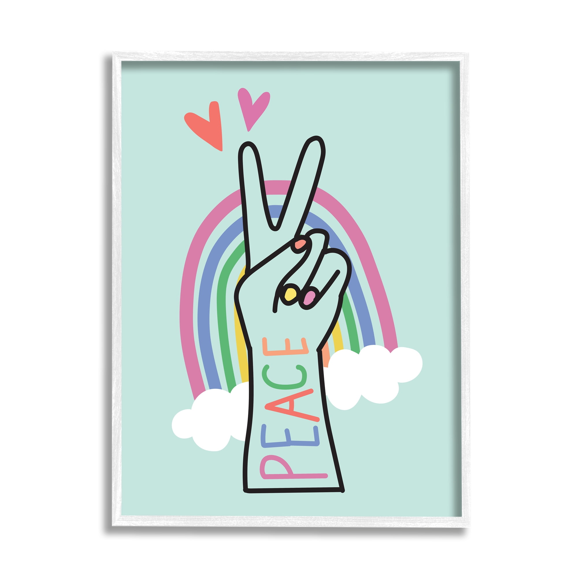 Peace Love Rainbow Playful Turquoise Hand Sign 24 in x 30 in Framed Painting Art Prints, by Stupell Home Décor