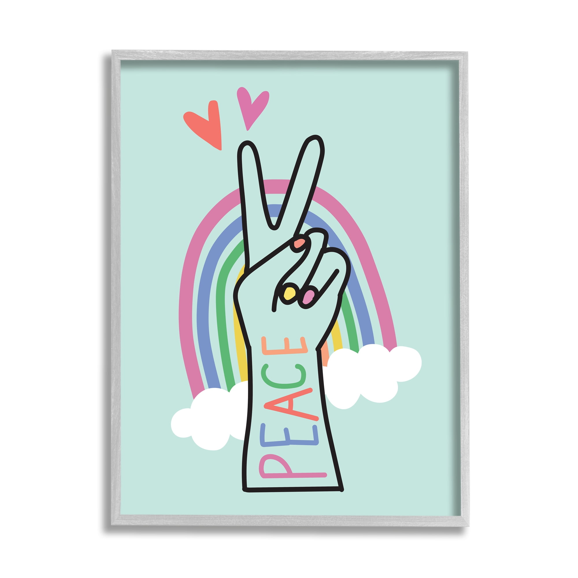 Peace Love Rainbow Playful Turquoise Hand Sign 24 in x 30 in Framed Painting Art Prints, by Stupell Home Décor