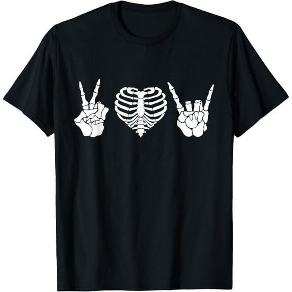 Peace Love Rock & Roll Skeleton Hand Halloween Music Concert T-Shirt