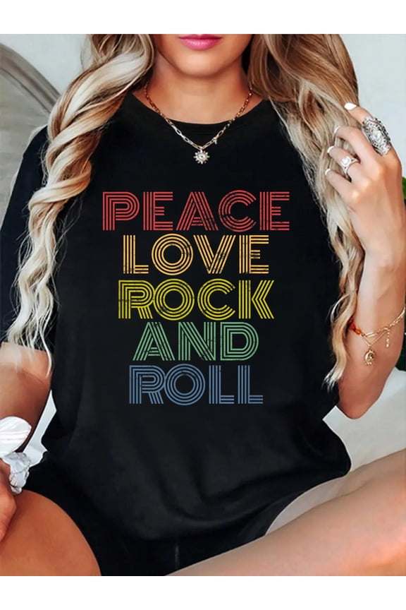 Peace Love Rock'n'Roll Distressed Rock Concert T-Shirt