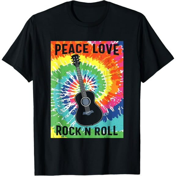 Peace Love Rock n Roll Tie Dye Hippie Guitar Music Retro T-Shirt