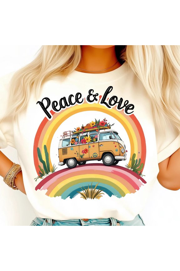Peace Love Shirt, Retro Van Road Trip Tee, Hippie Flower Power T-Shirt, Vintage Rainbow Vibes Shirt, Positive Energy Graphic Tee