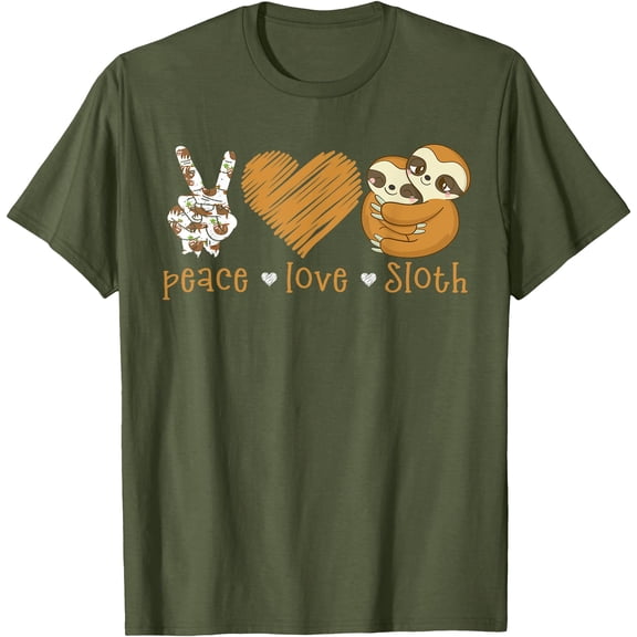 Peace Love Sloth Hand Sign Heart Lovers Unisex T-Shirt for Men Women Kids Toddler,Military Green Color,Size M