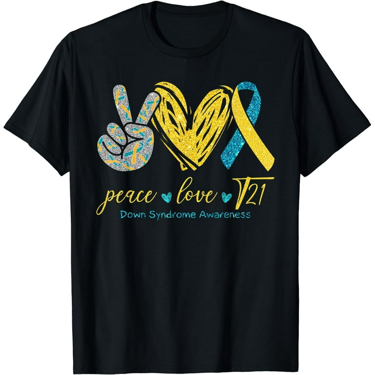 Peace Love T21 Down Syndrome Awareness Blue Yellow Ribbon T-Shirt Peace Love T21 Down Syndrome Awareness Blue Yellow Ribbon T-Shirt
