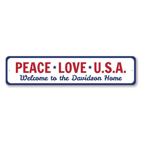 Peace Love U.S.A. Sign, Welcome Family Home Holiday Sign, Last Name Stars Fourth of July Aluminum Decor - 4x18 inches