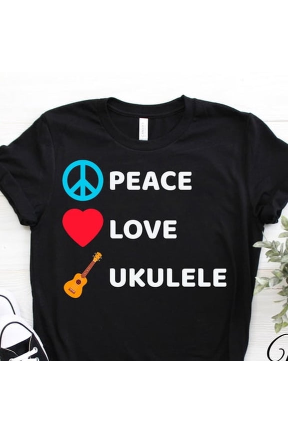 Peace Love Ukulele Lover T-Shirt, Uke Player, Musician Birthday Present, Hawaiian Music Playing, Dad Father's Day, Boys Girls Hippie Costume