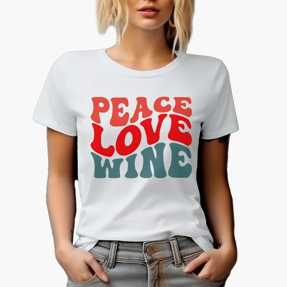 Peace, Love, Wine, Groovy Retro Wavy Text Merch Gift, White T-Shirt, 3XL