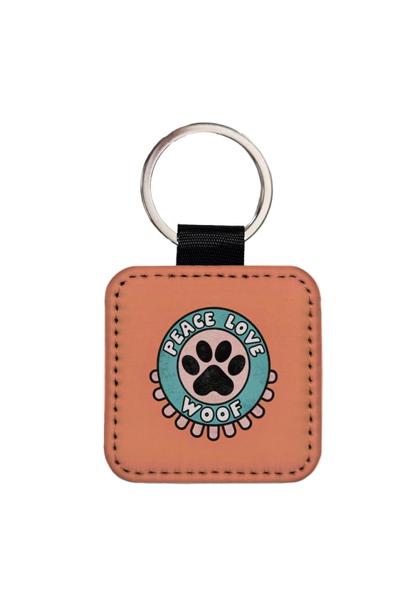 Peace Love Woof Dogs Paw Print Faux Leather Square Keychain