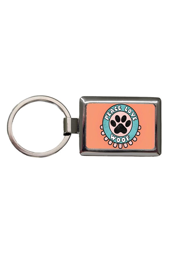 Peace Love Woof Dogs Paw Print Metal Rectangle Keychain