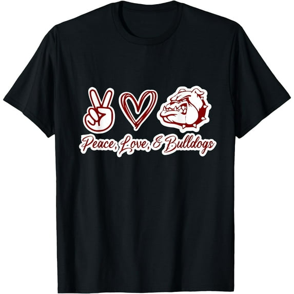 Peace Love and Bulldogs Softstyle Unisex T-Shirt,Black Color,Size YM