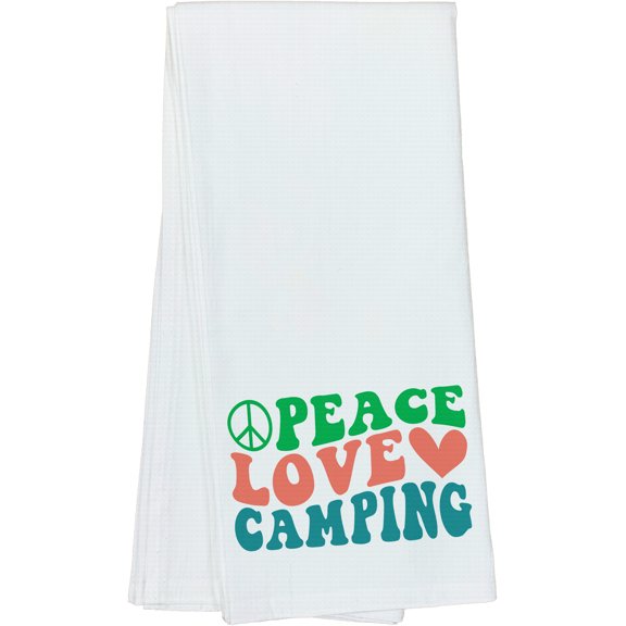 Peace, Love and Camping, Camper, Adventure Lover or Outdoorsy Quote, Groovy Retro Wavy Text Merch Gift, Dish Towel, 16 x 25 IN