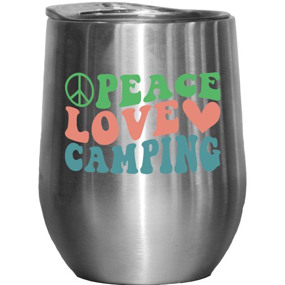 Peace, Love and Camping, Camper, Adventure Lover or Outdoorsy Quote, Groovy Retro Wavy Text Merch Gift, Stainless Steel 12oz Wine Tumbler