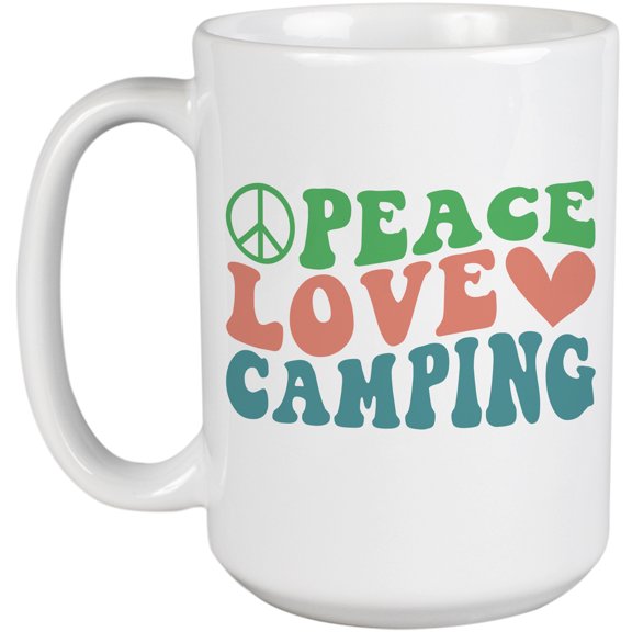 Peace, Love and Camping, Camper, Adventure Lover or Outdoorsy Quote, Groovy Retro Wavy Text Merch Gift, White 15oz Ceramic Mug