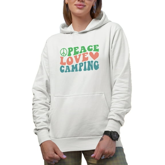 Peace, Love and Camping, Camper, Adventure Lover or Outdoorsy Quote, Groovy Retro Wavy Text Merch Gift, White Hooded Sweatshirt or Hoodie, XL