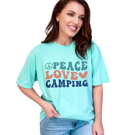 Peace, Love and Camping, Camper or Adventure Lover Quote, Groovy Retro Wavy Text, Chalky Mint Comfort Colors T-Shirt, Large
