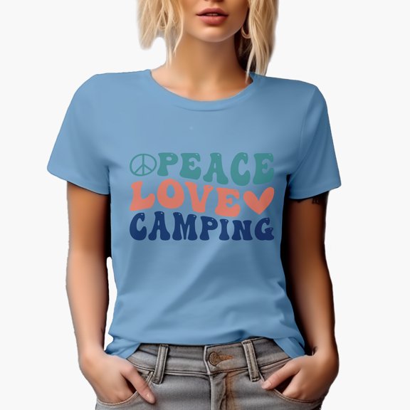 Peace, Love and Camping, Camper or Adventure Lover Quote, Groovy Retro Wavy Text Merch Gift, Baby Blue T-Shirt, Medium