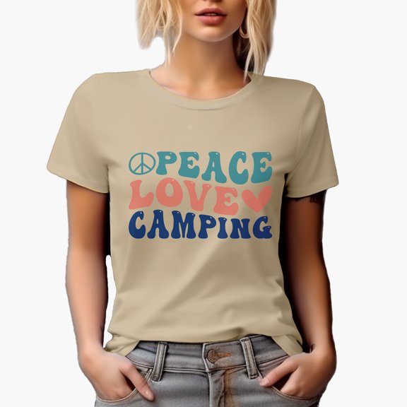 Peace, Love and Camping, Camper or Adventure Lover Quote, Groovy Retro Wavy Text Merch Gift, Tan T-Shirt, Small