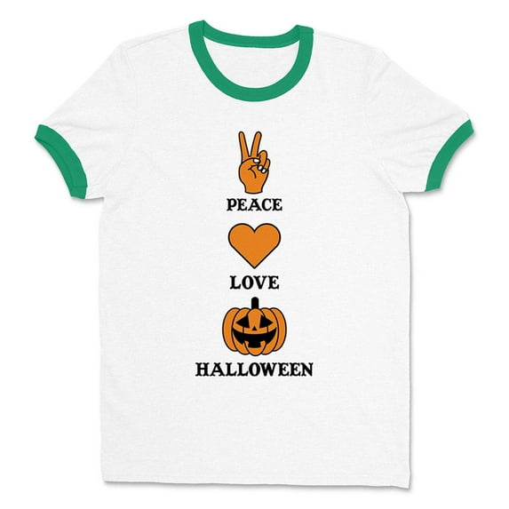 Peace Love and Halloween Ringer Tee Shirt Unisex Large White/Kelly Green