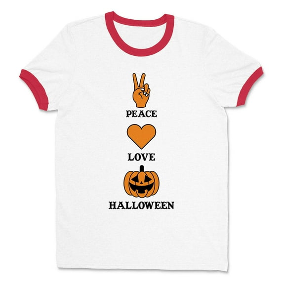 Peace Love and Halloween Ringer Tee Shirt Unisex Small White/Red
