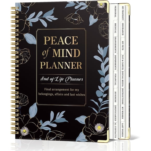 Peace of Mind Planner, End of Life Planner In Case Binder 7.9"x10.6" | Spiral Estate Planning Organizer with Large Print for Seniors, Gold Corners & 16 Tabs for Final Wishes & Affairs, Black