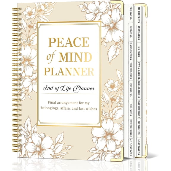 Peace of Mind Planner, Spiral End of Life Planner with Tabs for Senior, Guided Estate Planning Organizer for Final Arrangements & Important Affairs, 7.9"x10.6", Flower