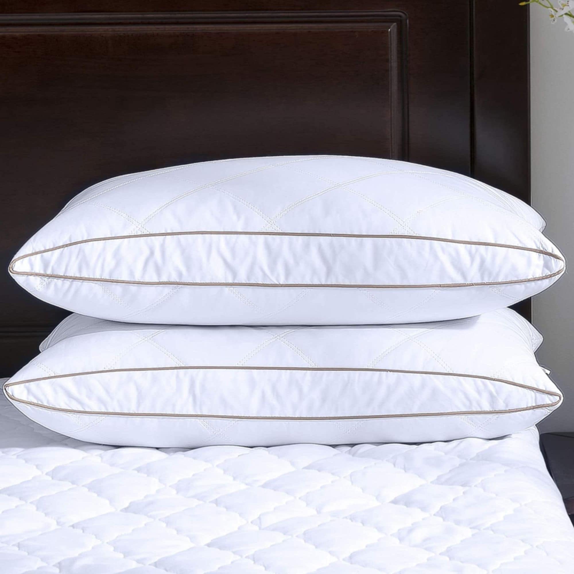Peace Nest Goose Feather Down Pillow White Quilted Cotton Cover Set of 2, Diamond-Navy, Standard/Queen