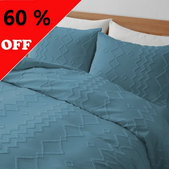 Peace Nest 2 Pieces Clipped Jacquard Geometric Tufted Duvet Covers & Pillow Sham Set ,Microfiber Soft Bedding Set with Zipper Closure 4 Ties in Dark Blue, Diamond Quilted, Twin Size