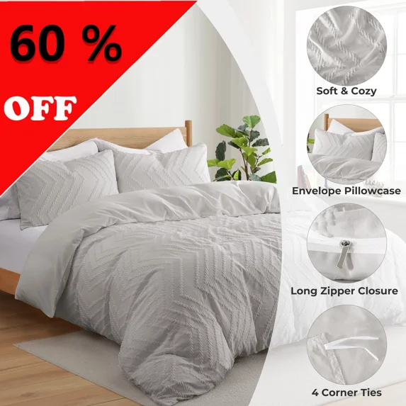 Peace Nest 2 Pieces Clipped Jacquard Geometric Tufted Duvet Covers & Pillow Sham Set ,Microfiber Soft Bedding Set with Zipper Closure 4 Ties, Wave Quilted, Light Gray, Twin Size
