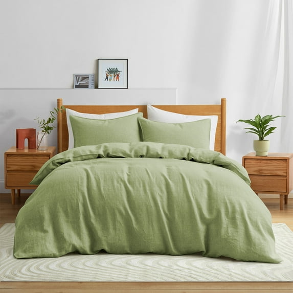 Peace Nest 2 Pieces Solid Quilted 100% Linen Duvet Cover Set with Corner Loops, Light Green, Twin