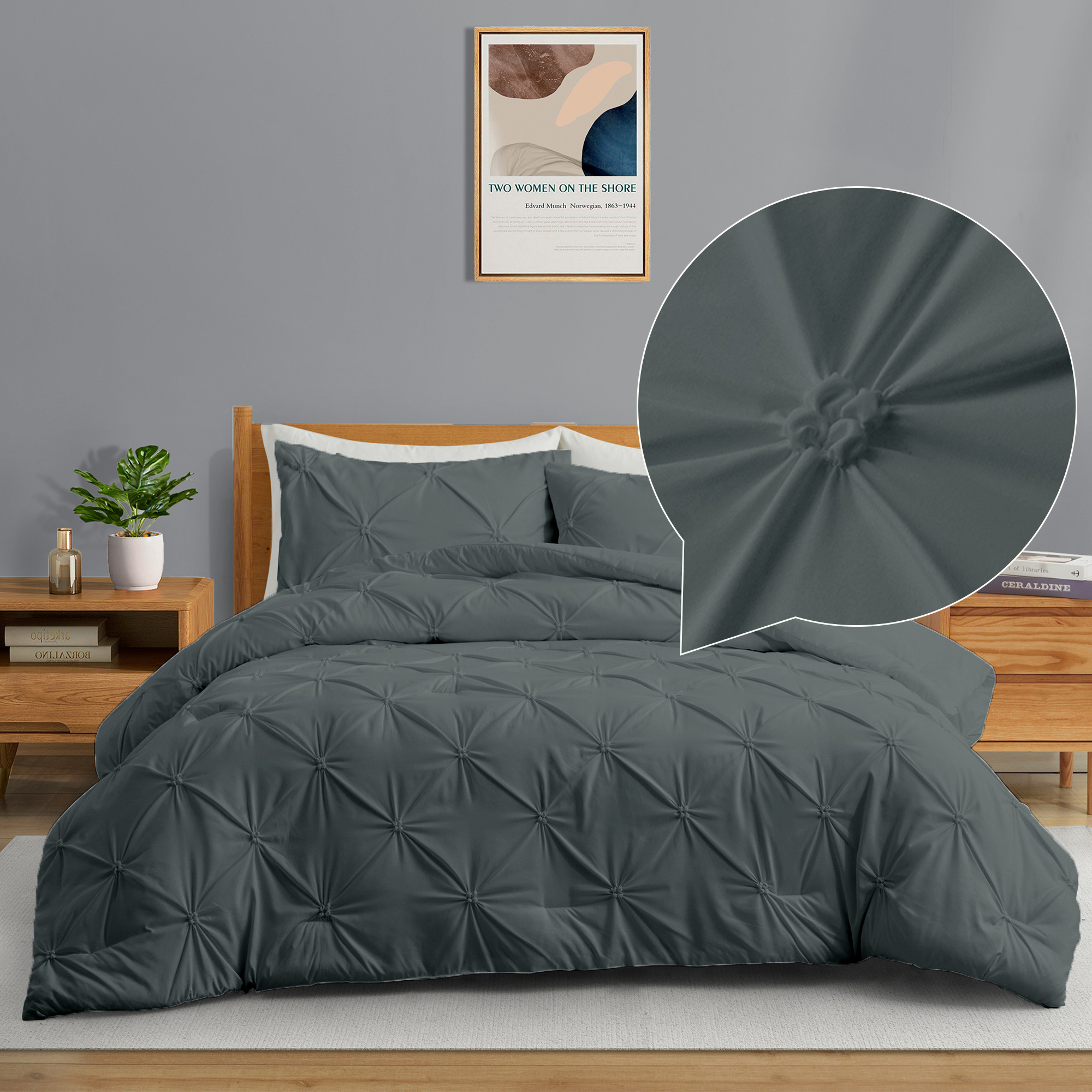 Peace Nest 3-Piece All Season Pinch Pleated Comforter Set, Charcoal, King - image 1 of 1