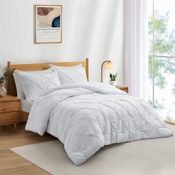 Peace Nest 3-Piece All Season Pinch Pleated Comforter Set, White, Full/Queen