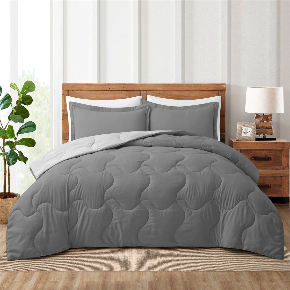 Peace Nest 3-Piece Lightweight Solid Reversible Quilted Down Alternative Comforter and Shams Bedding Set, Queen - image 1 of 6