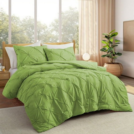 Peace Nest 3 Piece Pintuck Pinch Pleat Comforter Set, Bedding Set for All Season Olive Green - King
