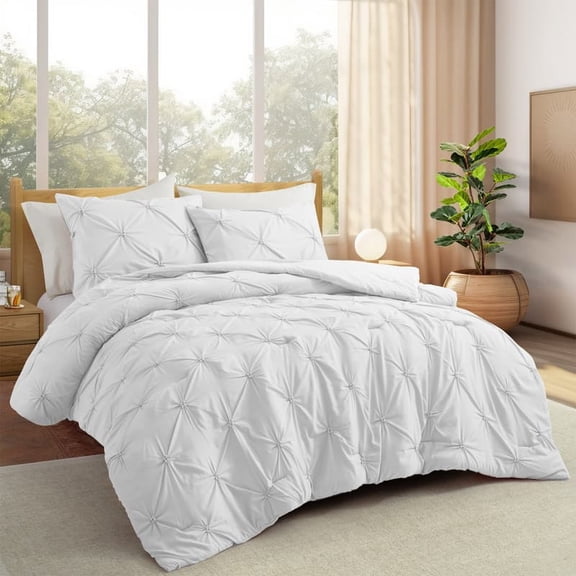 Peace Nest 3 Piece Pintuck Pinch Pleat Comforter Set, Bedding Set for All Season White - Queen