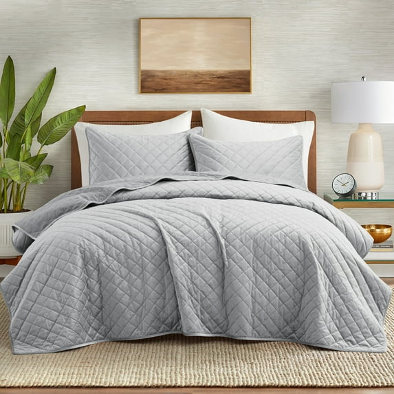 Peace Nest 3-Piece Premium Lightweight Velvet Plush Quilt Set Modern Diamond Pattern Bedspread Coverlet Set, Gray, King