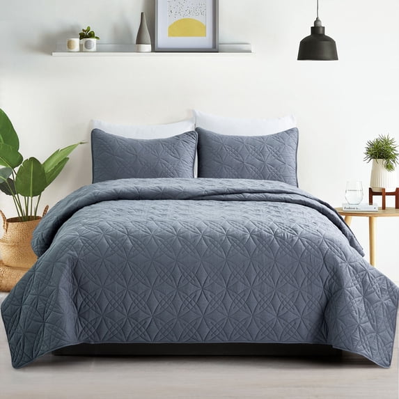 Peace Nest 3-Piece Reversible Pattern Quilted Coverlet Set, Dark Gray, King