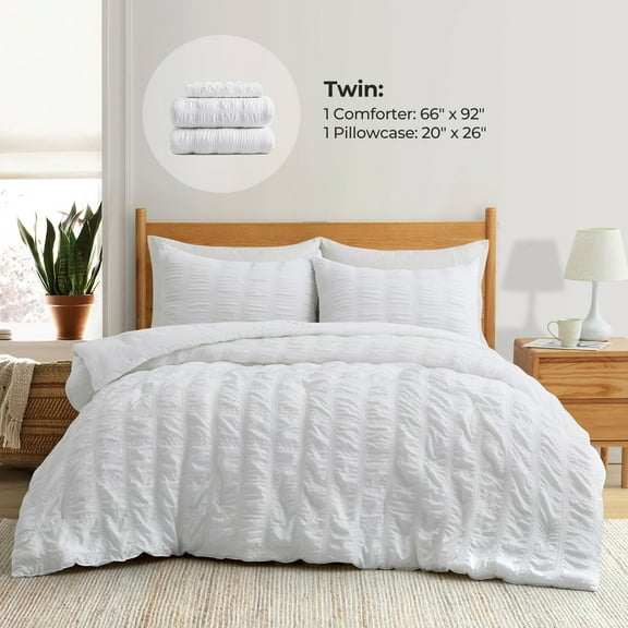 Peace Nest 3-Piece Seersucker Bubble Ruffled Chic Textured Comforter Set, Lightweight Bedding Set White - King