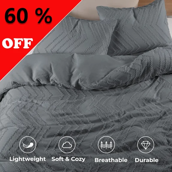 Peace Nest 3 Pieces Clipped Jacquard Geometric Tufted Duvet Covers & Pillow Sham Set ,Microfiber Soft Bedding Set with Zipper Closure 4 Ties, Wave Quilted, Dark Gray, King Size