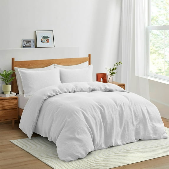 Peace Nest 3 Pieces Solid Quilted 100% Linen Duvet Cover Set with Corner Loops, White, Full/Queen
